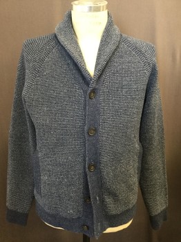 BANANA REPUBLIC, Navy Blue, White, Cotton, Polyester, Solid, Navy and White Micro Waffle Weave, Shawl Collar
