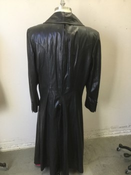 Mens, Coat, Leather, NL, Black, Leather, Polyester, Solid, 48, Pebbled Black Leather, Peaked Lapel, Hidden Placket, Zipper Slit Pockets, Red Poly Satin Lining, Long Back Slit with Buttons