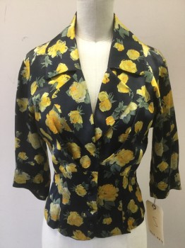 N/L, Black, Yellow, Gold, Green, Taupe, Silk, Floral, Button Front, Notched Lapel, 3/4 Sleeve