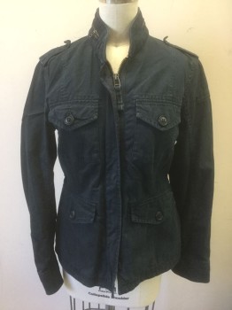 ABERCROMBIE & FITCH, Navy Blue, Cotton, Solid, Twill Lightweight Jacket, Zip Front, 4 Pockets with Button Flap Closures, Epaulettes at Shoulders, Stand Collar with Zip Detail, Drawstring at Inside Waist, No Lining