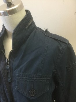 ABERCROMBIE & FITCH, Navy Blue, Cotton, Solid, Twill Lightweight Jacket, Zip Front, 4 Pockets with Button Flap Closures, Epaulettes at Shoulders, Stand Collar with Zip Detail, Drawstring at Inside Waist, No Lining