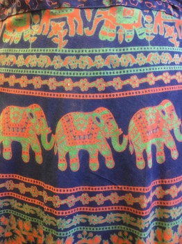 N/L, Navy Blue, Red, Green, Blue, Cotton, Animals, Floral, Elephants, Peacocks, Birds, Paisleys, Based on India Block Print