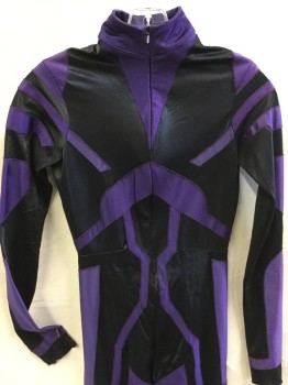 Womens, Sci-Fi/Fantasy Jumpsuit, MTO, Purple, Black, Polyester, Spandex, Color Blocking, Abstract , XS, Purple with Black Abstract Color Block Design, Mock Collar Attached, Zip Front, Long Sleeves,