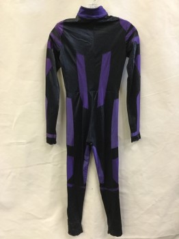 Womens, Sci-Fi/Fantasy Jumpsuit, MTO, Purple, Black, Polyester, Spandex, Color Blocking, Abstract , XS, Purple with Black Abstract Color Block Design, Mock Collar Attached, Zip Front, Long Sleeves,