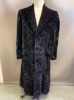 Mens, Historical Fiction Coat, MTO, Black, Polyester, Floral, C42, Floral Pane Velvet, Single Breasted, Shawl Collar, Shaped Sleeves, Cuff Buttons, 3 Pockets,
