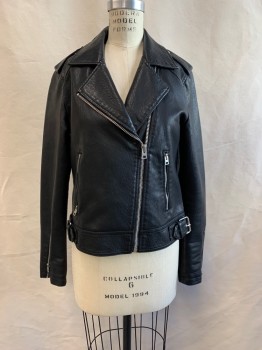 TOP SHOP, Black, Polyurethane, Faux Leather, Solid, Zip Front, Silver Zipper, Long Sleeves, 2 Zip Pockets, Epaulets, Belted Sides