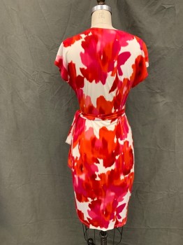 MAGGY LONDON, Red-Orange, Pink, White, Polyester, Spandex, Abstract , Floral, Wrap Dress, Cap Sleeve, Self Attached Belt, Horizontal Pleats at Front Closure, Hem Below Knee