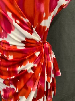 MAGGY LONDON, Red-Orange, Pink, White, Polyester, Spandex, Abstract , Floral, Wrap Dress, Cap Sleeve, Self Attached Belt, Horizontal Pleats at Front Closure, Hem Below Knee