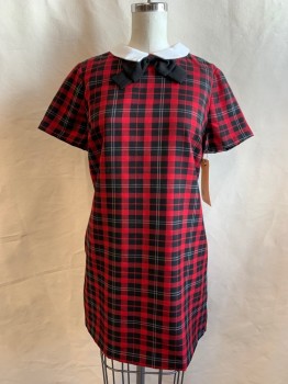 FOREVER 21, Red, Black, White, Polyester, Viscose, Plaid, Crew Neck, White Collar Attached with Black Center Front Bow, Zip Back