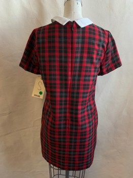 FOREVER 21, Red, Black, White, Polyester, Viscose, Plaid, Crew Neck, White Collar Attached with Black Center Front Bow, Zip Back