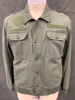 KOTO, Dk Olive Grn, Cotton, Solid, Zip Front with Button Front Panel, 4 Pockets, Collar Attached, Long Sleeves, Ribbed Knit Cuff/Waistband, Multiple Velcro Patches, Back Yoke Crossed Over