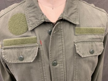 KOTO, Dk Olive Grn, Cotton, Solid, Zip Front with Button Front Panel, 4 Pockets, Collar Attached, Long Sleeves, Ribbed Knit Cuff/Waistband, Multiple Velcro Patches, Back Yoke Crossed Over