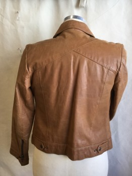 MAVI, Camel Brown, Leather, Solid, Collar Attached, Zip Front, 2 Long Vertical with Flap Front with Brass Snap, Diagonal Seams Back, 2" Waistband W/ 2 Short Belt with Snap Back,Long Sleeves with Zipper/cuff with Matching Brass Snap, Light Shining Peachy-brown Square Quilt Lining