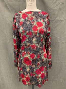 TUCKER, Red, Dk Red, Green, Tan Brown, Black, Silk, Floral, Abstract , Scoop Neck, Gathered Inset Sleeve, Extended Button Loop Cuff, Hem Above Knee