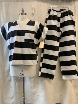 NL, White, Black, Poly/Cotton, Stripes - Vertical , V-neck, Short Sleeves, 1 Pocket,