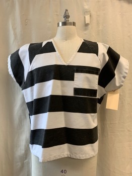 NL, White, Black, Poly/Cotton, Stripes - Vertical , V-neck, Short Sleeves, 1 Pocket,