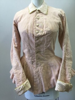 MTO, Blush Pink, Ice Pink, Chartreuse Green, Cotton, Silk, Geometric, Floral, Jacket/blouse, Cotton Jacquard, Button Front, Bound Button Holes and Self Covered Buttons, Collar Attached, Fitted Long Sleeves, with Satin Cuffs, Peplum, Aged