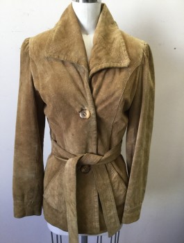 Womens, Leather Jacket, GENUINE LEATHER, Caramel Brown, Suede, Solid, B:34, XS, 2 Buttons,  Collar Attached, Princess Seams, 2 Slanted Front Pockets at Hip, Vertically Pleated Detail in Back, Self Belt Attached at Sides, Peach Lining,
