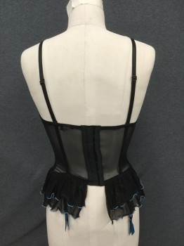N/L, Black, Blue, Polyester, Solid, Satin Front, Padded Cups Blue Trim Ruffle, Blue Piping, Boned, Mesh, Hook & Eyes Back Closure, Tiered Ruffle Trim, Garter Attachments
