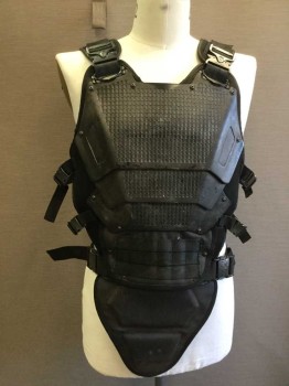 Mens, Breastplate, N/L MTO, Black, Silver, Nylon, Plastic, M, 3 Snap Buckles on Each Side (4 Metal/2 Plastic), 2 Metal Snap Buckles on Shoulders, Silver Painted Plastic Layered Molded Attached Pieces on Back and Front, One Back Rivet Loose at Back Left Shoulder