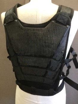 Mens, Breastplate, N/L MTO, Black, Silver, Nylon, Plastic, M, 3 Snap Buckles on Each Side (4 Metal/2 Plastic), 2 Metal Snap Buckles on Shoulders, Silver Painted Plastic Layered Molded Attached Pieces on Back and Front, One Back Rivet Loose at Back Left Shoulder