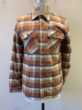 PATAGONIA, Burnt Orange, White, Khaki Brown, Navy Blue, Cotton, Polyester, Plaid, Shacket, Collar Attached, Button Front, Long Sleeves, 2 Pockets