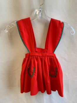 Childrens, Dress, N/L, Red, Cotton, Solid, 2T, Pinafore Dress, 2 Pockets, Green Trim with White Polka Dot