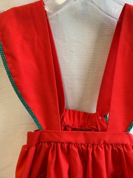 Childrens, Dress, N/L, Red, Cotton, Solid, 2T, Pinafore Dress, 2 Pockets, Green Trim with White Polka Dot