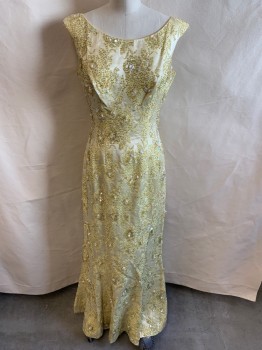 Womens, Evening Gown, NL, Beige, Cream, Synthetic, Leaves/Vines , W: 28, B: 32, All Over Brown Beading & Iridescent Paillettes, Boat Neckline, Cap Sleeves, Zip Back, Floor Length
