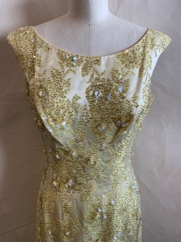 Womens, Evening Gown, NL, Beige, Cream, Synthetic, Leaves/Vines , W: 28, B: 32, All Over Brown Beading & Iridescent Paillettes, Boat Neckline, Cap Sleeves, Zip Back, Floor Length