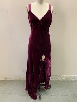 Womens, Evening Gown, GHOST, Red Burgundy, Viscose, Silk, Solid, M, Velour, 1" Wide Silk Chiffon Straps, Surplice V-neck, Empire Waist, Large Brooch at Knee Level with Silver Rhinestones in Gold Setting, Fabric Hiked Up Around It to Form Slit, Floor Length