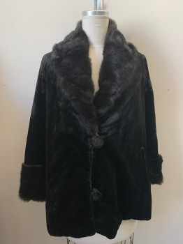 Womens, Coat, N/L, Black, Dk Brown, Synthetic, Solid, B42, Single Breasted, 2 Buttons,  2 Pockets, Large Faux Fur Collar & Cuffs, Velvet Worn Away in a Couple Spots See Detail Photo, Wild Gray & Pink Lining