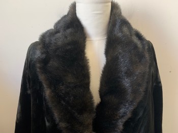 Womens, Coat, N/L, Black, Dk Brown, Synthetic, Solid, B42, Single Breasted, 2 Buttons,  2 Pockets, Large Faux Fur Collar & Cuffs, Velvet Worn Away in a Couple Spots See Detail Photo, Wild Gray & Pink Lining