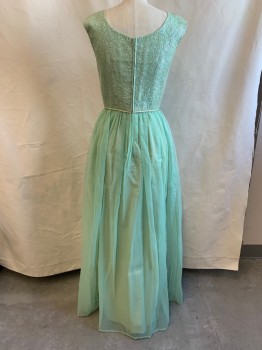 N/L, Mint Green, Iridescent White, Silk, Solid, Boat Neck, Sleeveless, Zip Back, Light Gold Trim at Waist, Mint Green Overlay, White Iridescent Weaved Bust