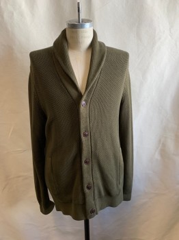 BANANA REPUBLIC, Olive Green, Cotton, Solid, V-N, Shawl Collar, Button Front, 2 Pockets,