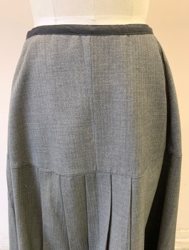 Womens, Skirt 1890s-1910s, N/L, Gray, Wool, Solid, W:27, 1/2" Wide Black Waistband, Dropped Waist, Pleats at Front Below Hip Level Yoke, Ankle Length, **Has Many Mended Moth Holes