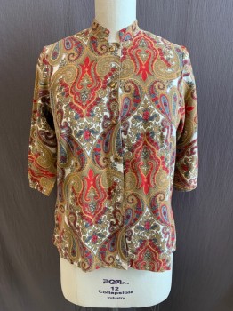 Womens, Blouse, NL, Dk Khaki Brn, Red, White, French Blue, Ochre Brown-Yellow, Cotton, Paisley/Swirls, Floral, B: 38, Mandarin Collar, Button Front, Gold Buttons, 3/4 Sleeve, Side Slits