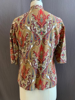Womens, Blouse, NL, Dk Khaki Brn, Red, White, French Blue, Ochre Brown-Yellow, Cotton, Paisley/Swirls, Floral, B: 38, Mandarin Collar, Button Front, Gold Buttons, 3/4 Sleeve, Side Slits