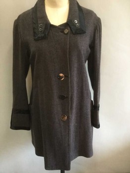 Womens, Coat 1890s-1910s, N/L, Gray, Wool, Silk, Solid, B:34, 4 Large Brown/Black Mother Of Pearl Buttons At Front, Black Satin Trim At Squared End Collar, and Cuffs, 2 Buttons On Each Side Of Collar, 2 Hip Pockets, Hip Length, No Lining,