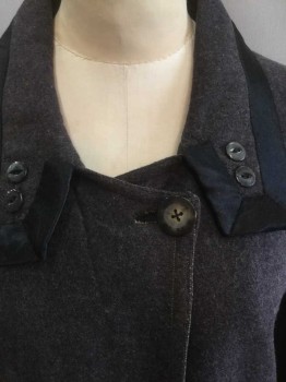 Womens, Coat 1890s-1910s, N/L, Gray, Wool, Silk, Solid, B:34, 4 Large Brown/Black Mother Of Pearl Buttons At Front, Black Satin Trim At Squared End Collar, and Cuffs, 2 Buttons On Each Side Of Collar, 2 Hip Pockets, Hip Length, No Lining,
