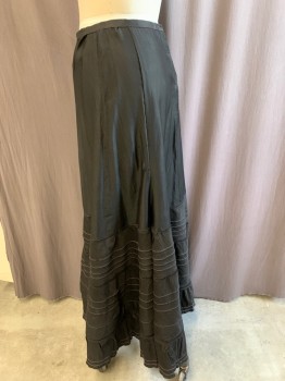 Womens, Skirt 1890s-1910s, N/L, Black, Cotton, Solid, W 28, Polished Cotton, Fixed Waistband, Slightly Gathered Skirt, Tucks and Ruffle at Hem