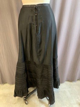 Womens, Skirt 1890s-1910s, N/L, Black, Cotton, Solid, W 28, Polished Cotton, Fixed Waistband, Slightly Gathered Skirt, Tucks and Ruffle at Hem