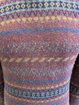 Mens, Sweater, ROBERT BRUCE, Maroon Red, Navy Blue, Tan Brown, Blue-Gray, Gray, Wool, Polyester, Geometric, Stripes - Horizontal , M, C N, L/S, Pullover,