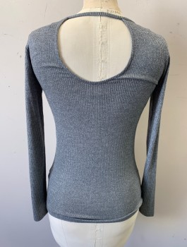 HOLLISTER, Gray, Cream, Viscose, Polyester, Solid, Rib Knit, Cream Large Bib Panel at Chest, Long Sleeves, Round Neck, Open at Back Shoulders, Fitted
