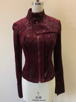 Womens, Sci-Fi/Fantasy Piece 1, MTO, Maroon Red, Black, Polyester, Synthetic, Reptile/Snakeskin, W22, B30, Jacket, Zip Front, Mock Neck, Snap Cuffs