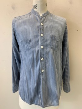 Mens, Historical Fiction Shirt, NL, Lt Blue, White, Cotton, Stripes - Pin, 33, 17.5, Button Front, 6 Button, L/S, 2 Pockets,