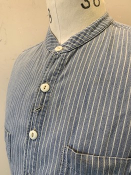 Mens, Historical Fiction Shirt, NL, Lt Blue, White, Cotton, Stripes - Pin, 33, 17.5, Button Front, 6 Button, L/S, 2 Pockets,