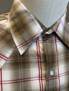 Mens, Western, ELY CATTLEMAN, Brown, White, Red, Poly/Cotton, Plaid-  Windowpane, L, S/S, Snap Front, Collar Attached, Western Style Yoke, 2 Patch Pockets with Flaps