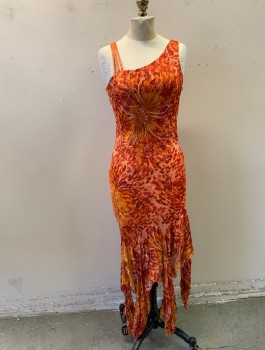 Womens, Evening Gown, SUE WONG, Orange, Dk Red, White, Peach Orange, Rayon, Silk, Abstract , 4, Abstract with Floral Pink and White Beading, Multi Strap Beaded One Shoulder, Solid Other Shoulder, Side Zip, Asymmetrical Panelled Hem