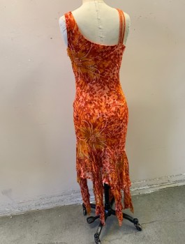 Womens, Evening Gown, SUE WONG, Orange, Dk Red, White, Peach Orange, Rayon, Silk, Abstract , 4, Abstract with Floral Pink and White Beading, Multi Strap Beaded One Shoulder, Solid Other Shoulder, Side Zip, Asymmetrical Panelled Hem